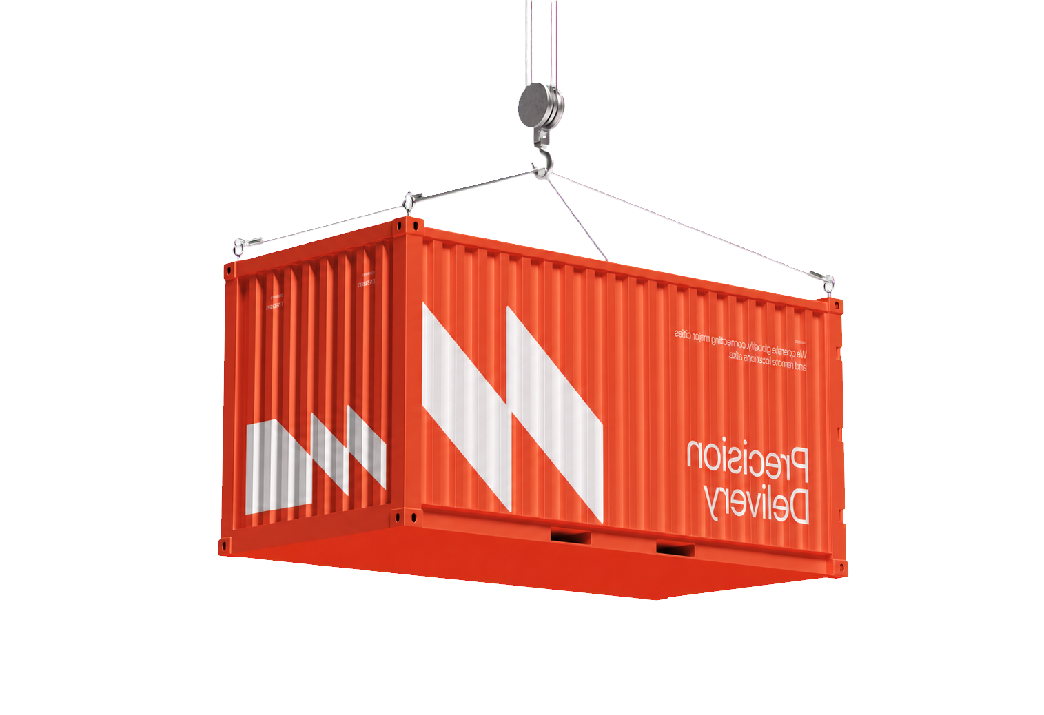 Orange shipping container suspended from a crane