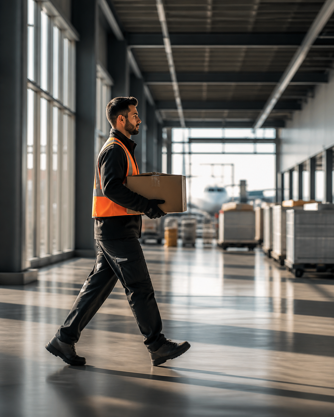 Courier moving priority cargo through an airport terminal